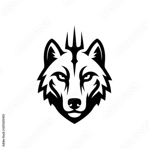 Fierce wolf head logo with trident mark on forehead.