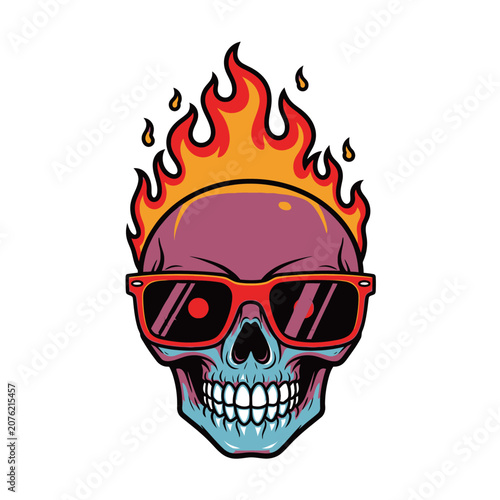 Flaming skull wearing red sunglasses illustration
