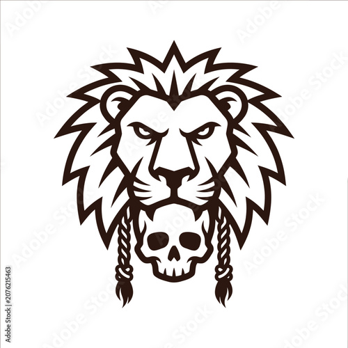 Fierce lion head with human skull and braided hair emblem.