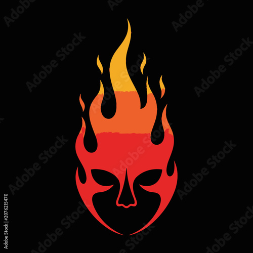 Fire flame face mask silhouette on black background.