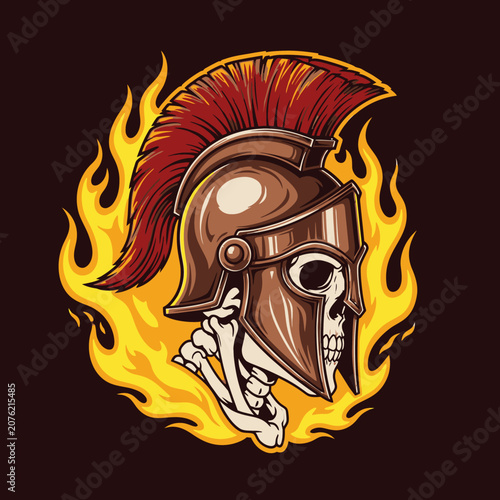 Flaming Spartan helmet skull mascot illustration.