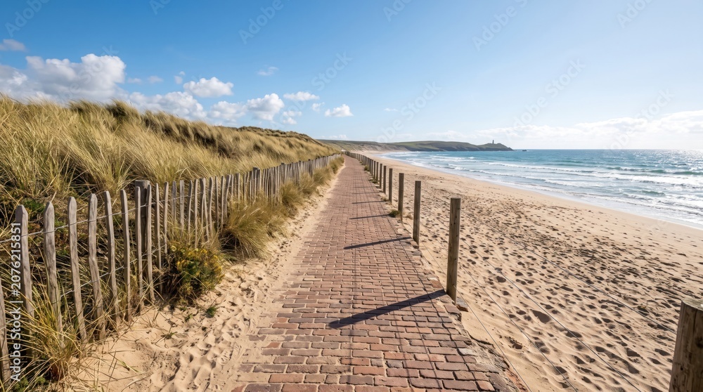 Fototapeta premium Coastal pathway in cornwall a scenic brick walkway through dune grass towards the atlantic ocean