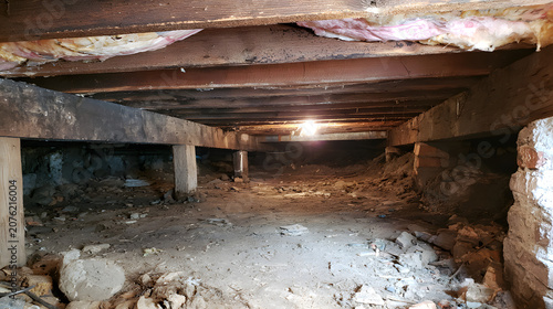 Crawl space with exposed joists, a dirt floor, insulation, and moisture damage suggests the need for hidden mold remediation and basement waterproofing.