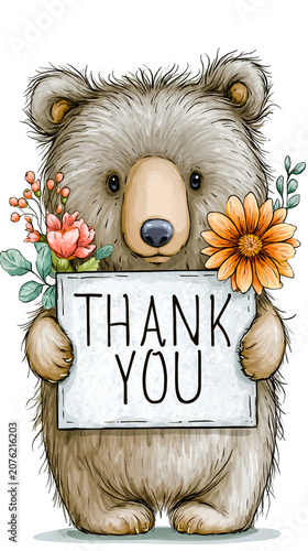 A cartoon bear holding a sign that says Thank You