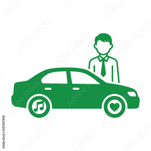 Green car with man standing behind