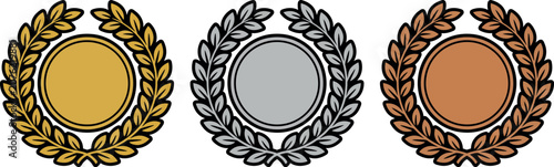 Bilde på lerret Three laurel wreath medal icons in gold, silver, and bronze