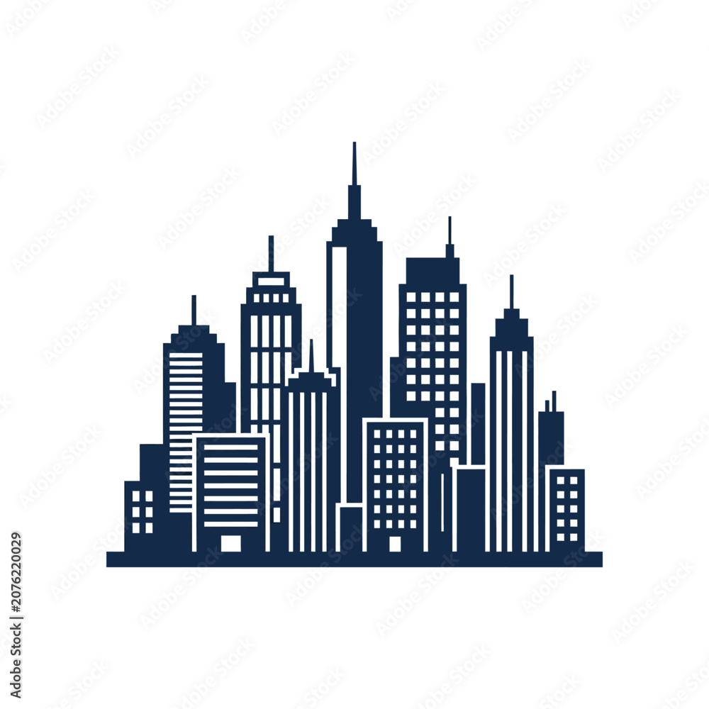 Obraz premium Modern city skyline with tall skyscrapers illustration.