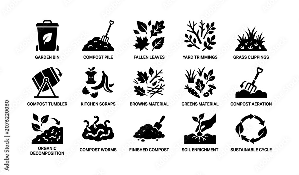 Fototapeta premium Composting icons arranged in grid on white background