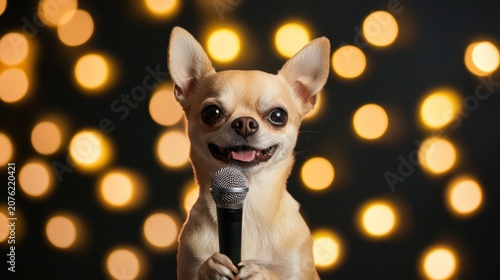 A small tan Chihuahua holds a microphone, smiling against a blurred background of warm bokeh lights. The scene conveys a playful and entertaining atmosphere.