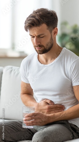 Young man in white t-shirt sitting on sofa holding glass of water, experiencing stomach discomfort
