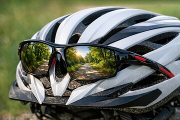 A close-up shot of a helmet with sunglasses on, ideal for use in fashion or lifestyle photography