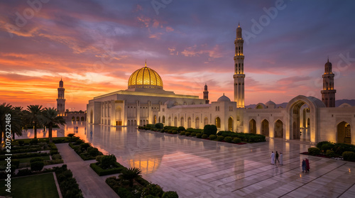 Sultan Qaboos Grand Mosque is the main mosque in the Sultanate of Oman, Beautiful evening Sunset view.