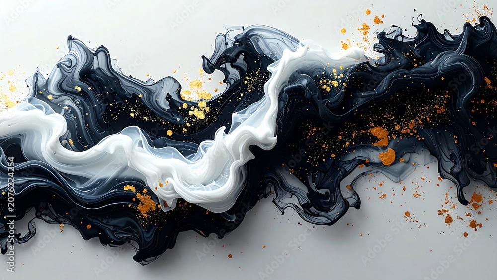 Obraz premium Abstract Suminagashi fluid ink art background, luxurious smoky translucent black and white liquid waves with metallic gold flakes, serene minimal Zen design, copy space