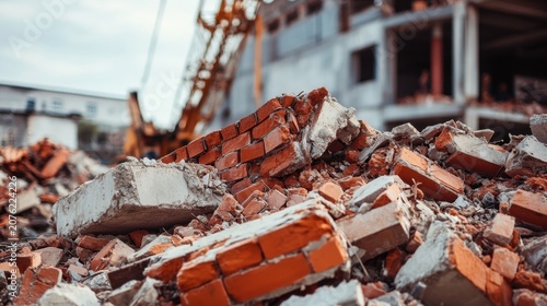 A close-up view of a pile of broken bricks and concrete debris at a construction site. Heavy machinery is visible in the background, indicating ongoing demolition work.