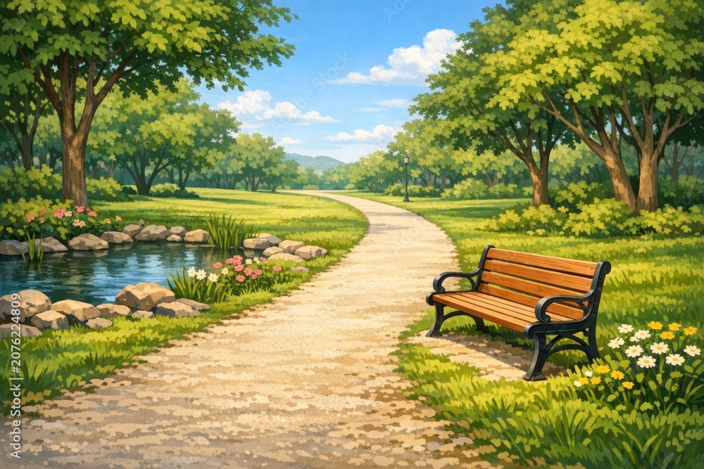 Fototapeta premium A park bench situated beside a serene river with lush greenery and calm waters