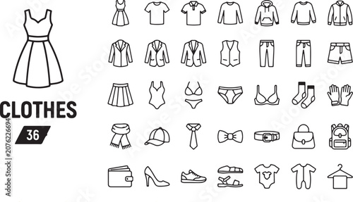 Obraz na plátne premium Clothes & Fashion Line Icon Set featuring 36 editable vector icons arran