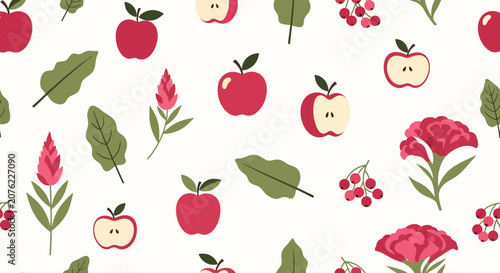 Colorful Apple and Leaf Pattern with Berries and Flowers.