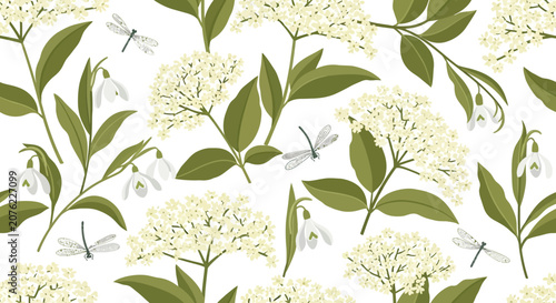 Elegant white elderflower clusters with green leaves and dragonflies.
