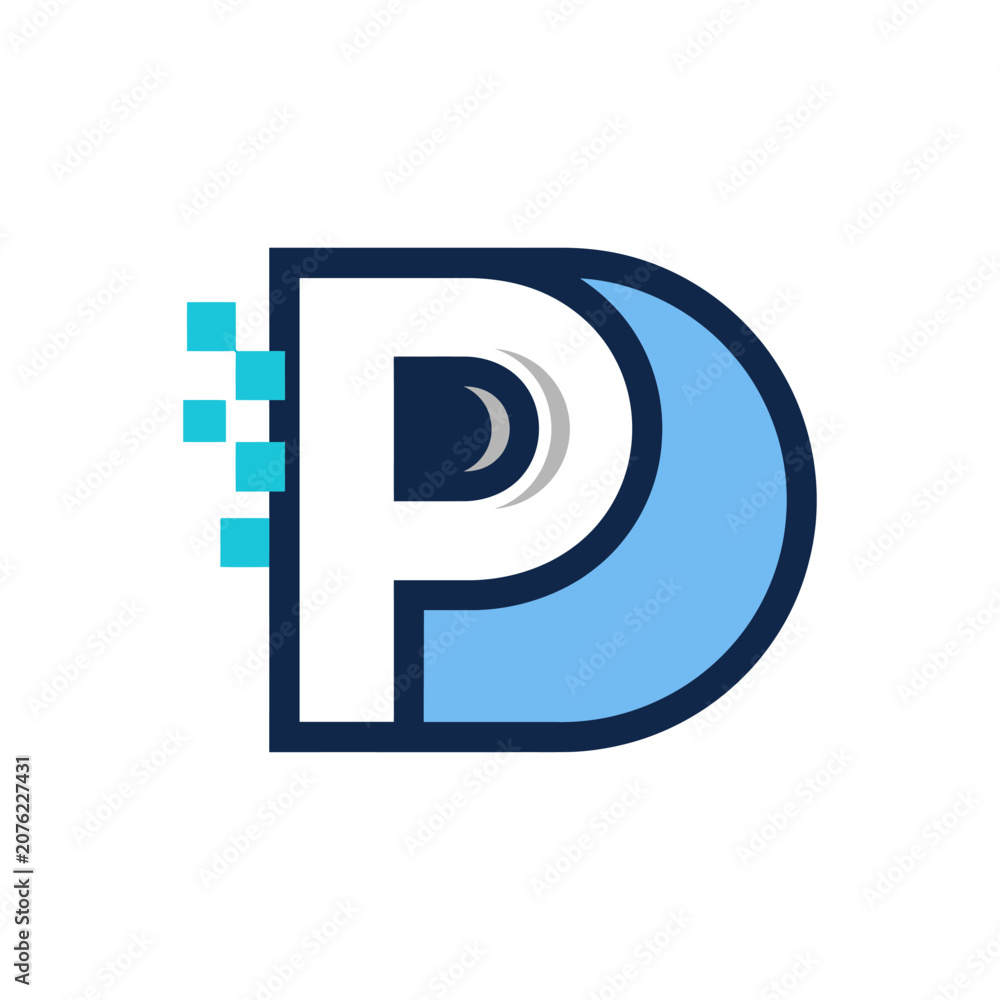 Obraz premium Blue digital letter P with eye logo.