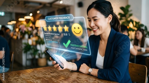 Smiling Businesswoman Presenting 5-Star Customer Review Rating on Smartphone in Retail Store