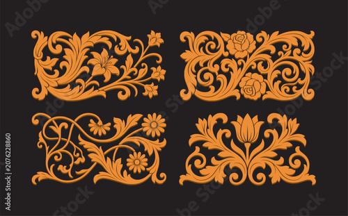 Ornamental Floral Scrolls and Damask Flourishes Set Vector Illustration