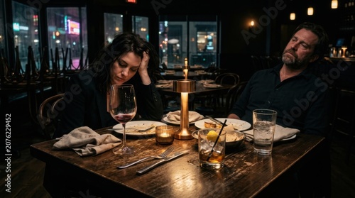 Couple enjoying romantic candlelit dinner at elegant restaurant table with wine and dessert
