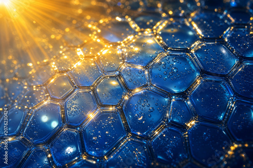 Abstract Futuristic Golden Sunrays on Blue Hexagonal Glass Texture with Water Droplets High-Tech Grid Background