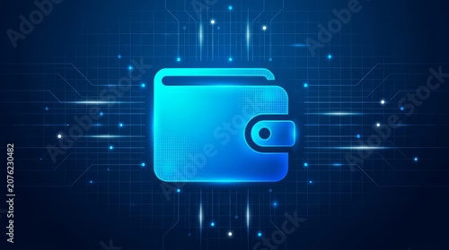Glowing digital wallet icon on a futuristic blue technology background, representing online payment and cryptocurrency