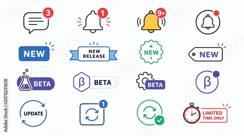 Collection of notification badges and labels for new releases, updates, and beta versions.