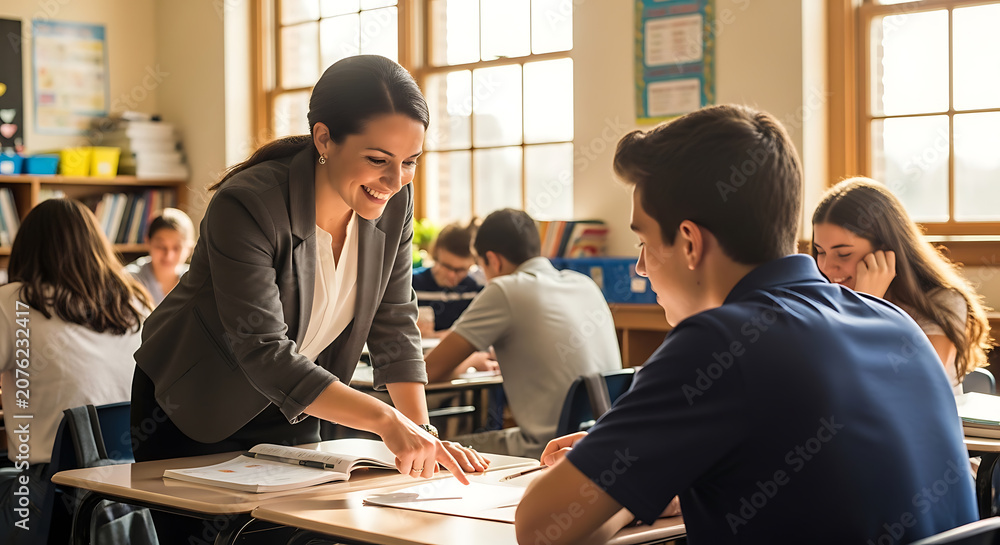 Fototapeta premium Friendly High School Teacher Helping Male Student with Desk Lesson