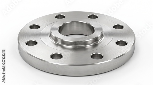 Industrial steel flange isolated on a white background with realistic machined metal texture and studio lighting. Ideal for piping and mechanical engineering concepts.