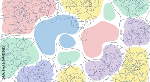 Abstract colorful background with overlapping organic shapes and fine line patterns.