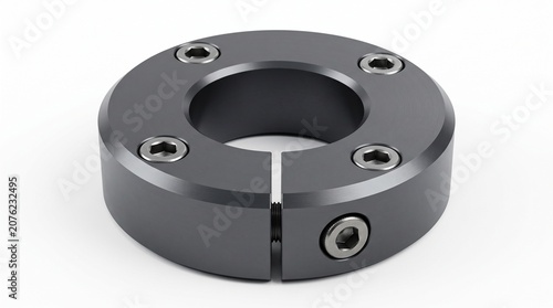 Precision shaft collar isolated on a white background with realistic machined aluminum texture and studio lighting.