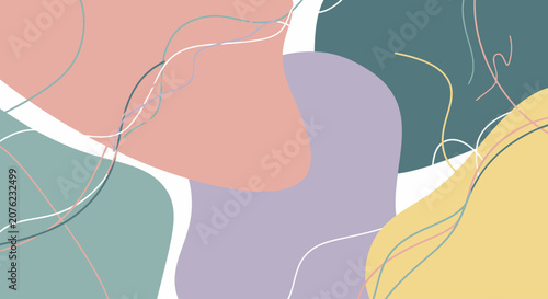 Abstract pastel colored shapes with delicate line art on a soft background.