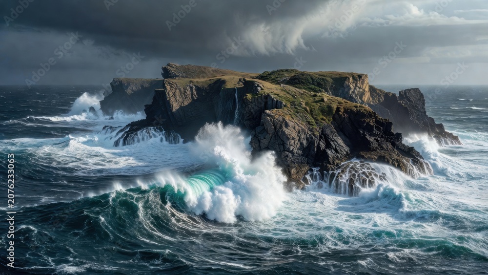 Fototapeta premium Rugged coastal headland being battered by heavy ocean waves