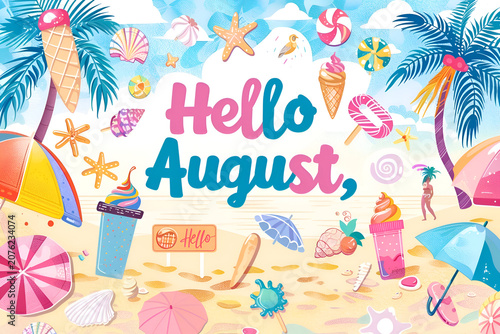 Hello august beach scene with ice cream and palm trees in a vibrant summer setting