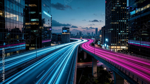 Futuristic Cyberpunk City Highway with Neon Blue and Pink Traffic Light Trails at Night Dusk, Modern Urban Architecture Long Exposure