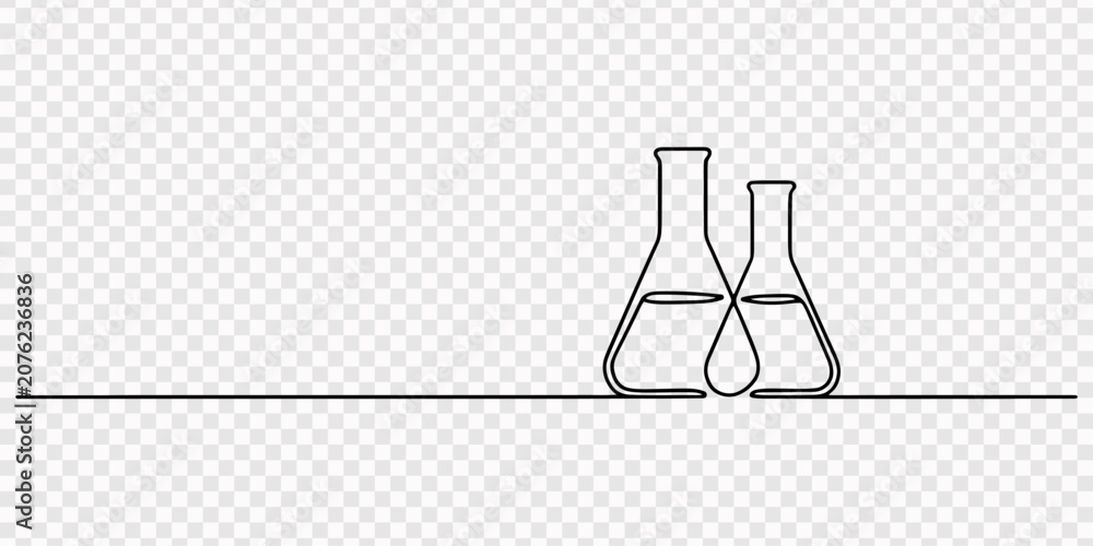 Obraz premium Single line drawing of a test tube and flask connected by tubes, two laboratory beakers continuous one line drawing, Two neck round bottom flask one line continuous drawing. Laboratory glass equipment