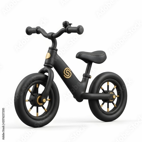 3D modern black and gold toddler balance bike isolated on white background