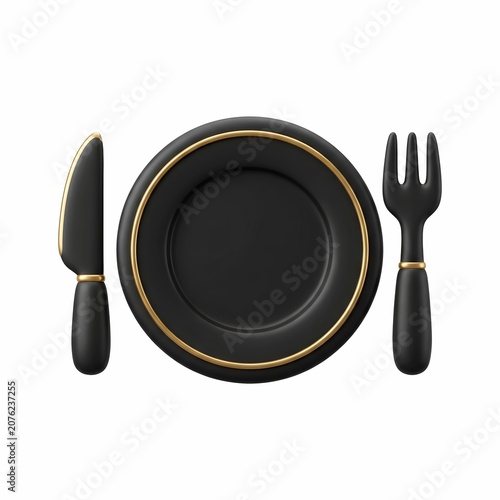 3D luxury black and gold plate with knife and fork isolated on white background