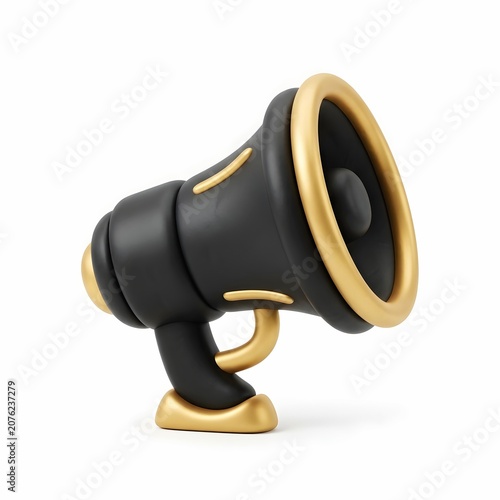 3D sleek black and gold megaphone isolated on white background