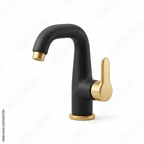 3D modern black and gold water faucet isolated on white background