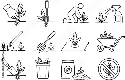 Premium Weed Removal and Garden Weeding Line Art Icon Set – Hand Pulling Weeds, Garden Tools, Herbicide Spray, Mulch and Weed Control Vector Collection