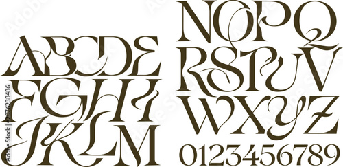 Abstract split dual line serif typography alphabet set, luxury dark brown font vector