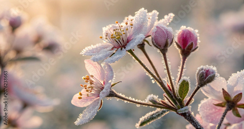 Foto Pink cherry blossom buds covered in morning frost