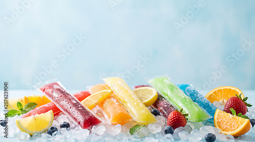 Celebrate freezer pop day with colorful fruit flavored ice pops in plastic sleeves on ice with fresh oranges strawberries and blueberries on blue background