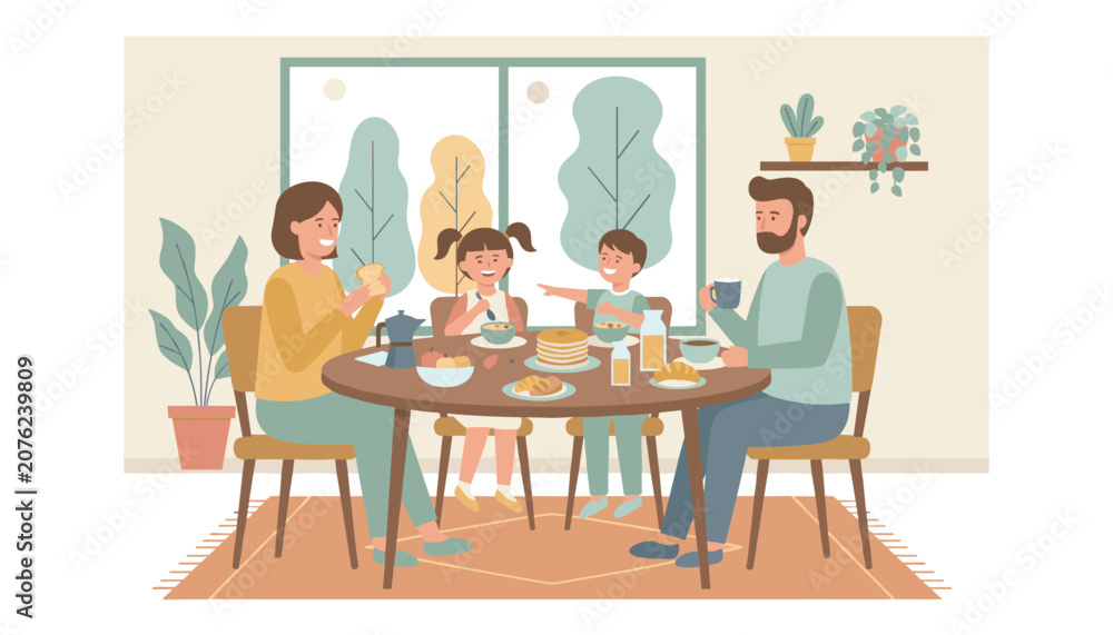 Fototapeta premium Happy family of four enjoying a healthy breakfast together at a round dining table in a cozy and beautifully decorated room.