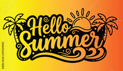 Canvastavla Black and orange summer lettering with palm leaves and sun vector illustration o