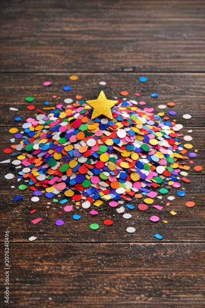 Fototapeta premium Colorful confetti sprinkles spread across a wooden table, perfect for celebrations and parties