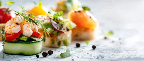 Obraz  z motywem Buffet appetizers are arranged on a white surface with shrimp canapes, salad, and a vibrant tart. Space for text is on the left for catering purposes